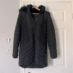 Donna Karan coat with removable faux fur hood.